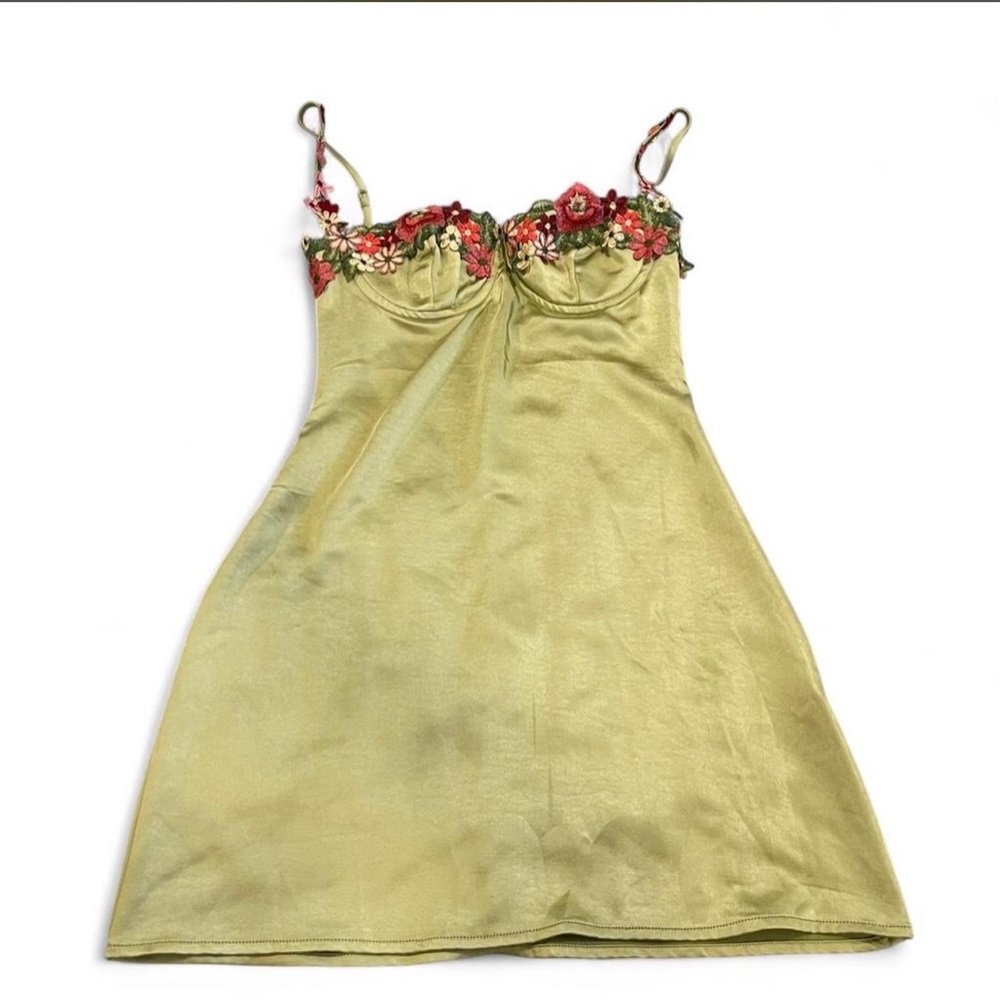 Princess Polly Olive Green Satin Slip Dress with Embroidered Bust